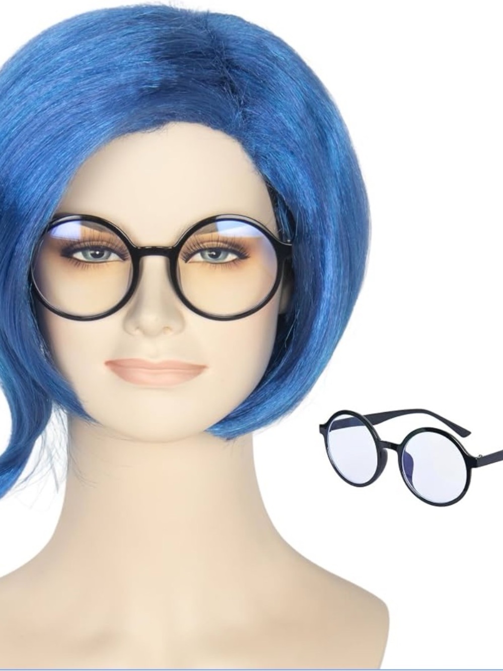 Miss U Hair Women Short Straight Blue Wig with Glasses for Adult